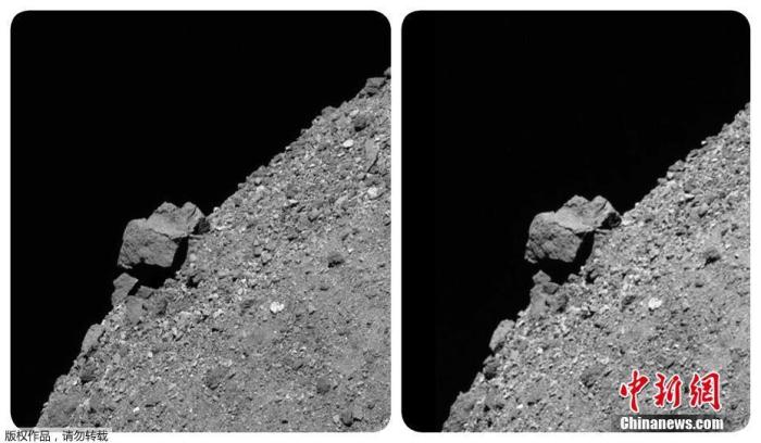 2016年9月，OSIRIS-REx探测器被发射升空，2018年底以来，探测器一直围绕着“本努”运行，并将收集到的数据和图像发回地球。图为OSIRIS-REx探测器拍摄的小行星“本努”上的岩石。