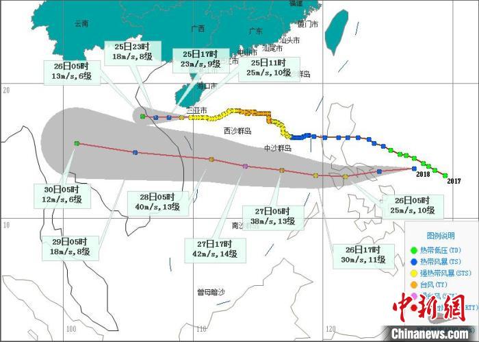 台风“沙德尔”和“莫拉菲”10月25日5时预报路径图。 海南省气象服务中心 供图